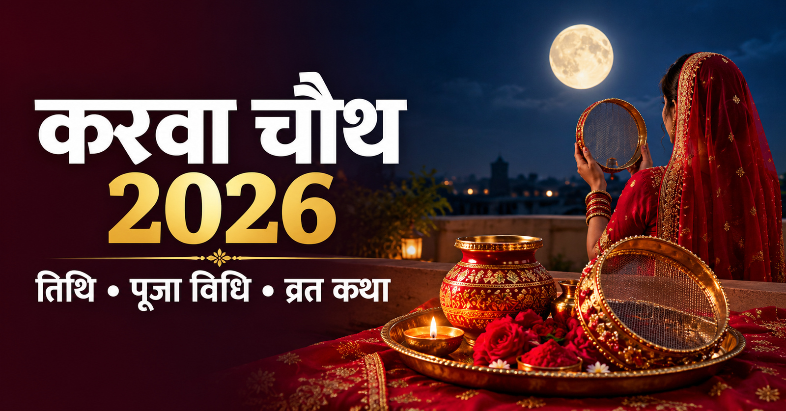 करवा चौथ की पूजा थाली, करवा, दीपक और चन्द्रमा के दर्शन की पारम्परिक तैयारी